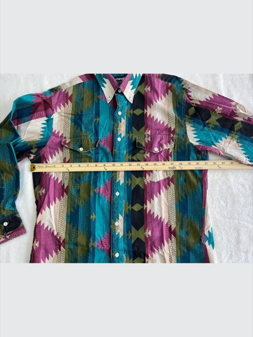Vintage 90s Wrangler Cowboy Cut Aztec Southwestern Western Shirt USA 16.5 x 35 - Picture 5 of 6